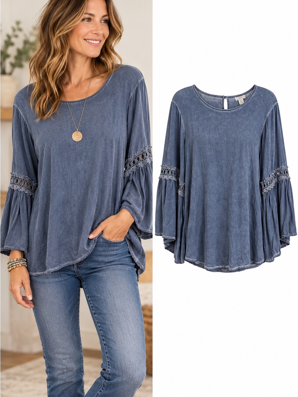 Spense Boho Mineral Wash Blue Bell Sleeve Crochet Blouse Top L Western Romantic